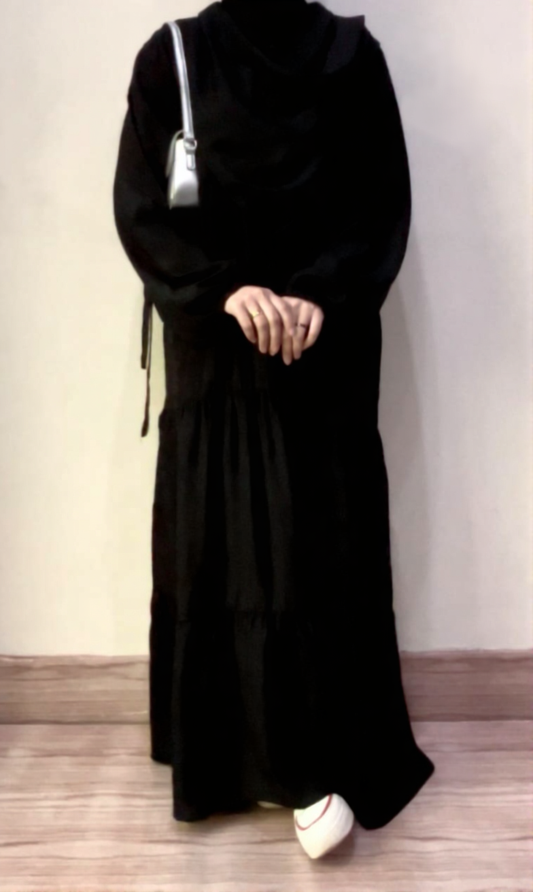 Elegant 3-Tier Frill Abaya – Premium Peach Nida Fabric