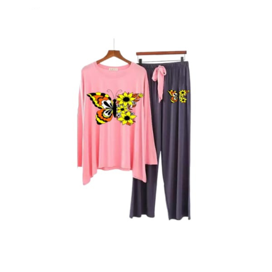 Sunny Butterfly & Sunflower Graphic Loungewear Set - Two-Piece Comfort