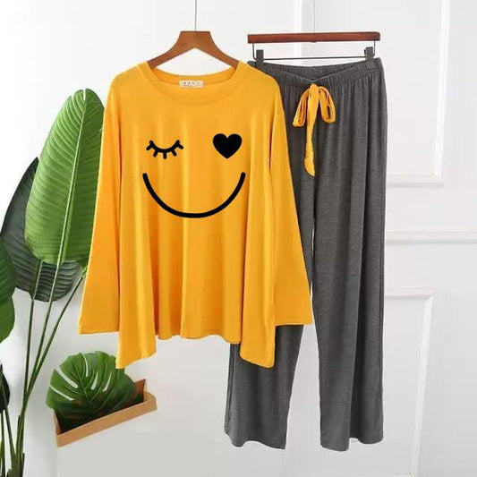 Playful Winking Smiley Graphic Pajama Set - Heart Eye Top & PJs