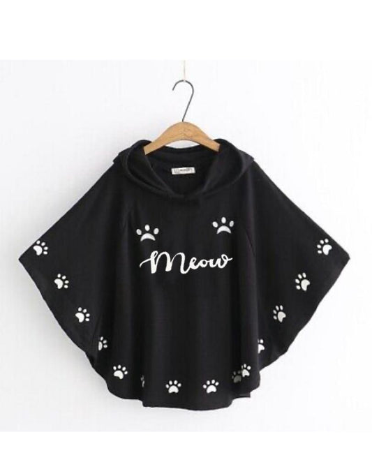 Cute Cat Paw Print Poncho Hoodie - "Meow" Graphic Cape Top