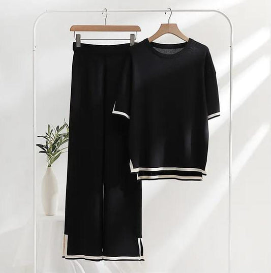 Chic Knit Two-Piece Set: Loose-Fit Short-Sleeve Top and Wide-Leg Trousers