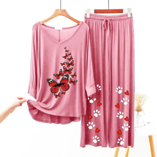 Vibrant Butterfly Cascade & Paw Print Pajama Set
