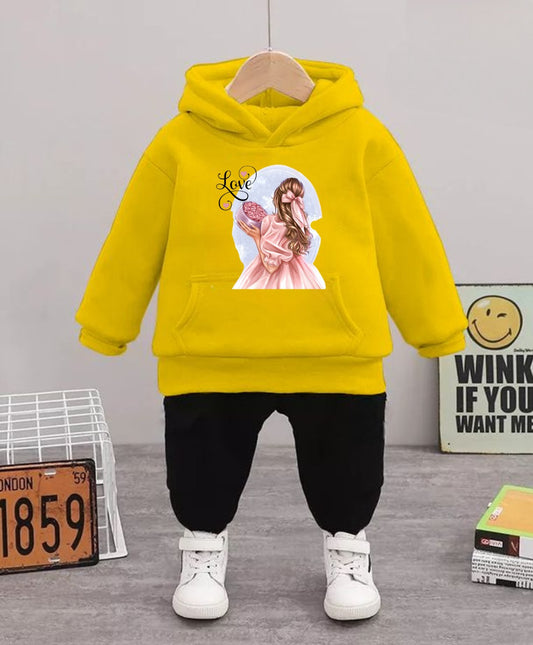'Love' Girl Graphic Winter Hoodie & Black Trousers Set