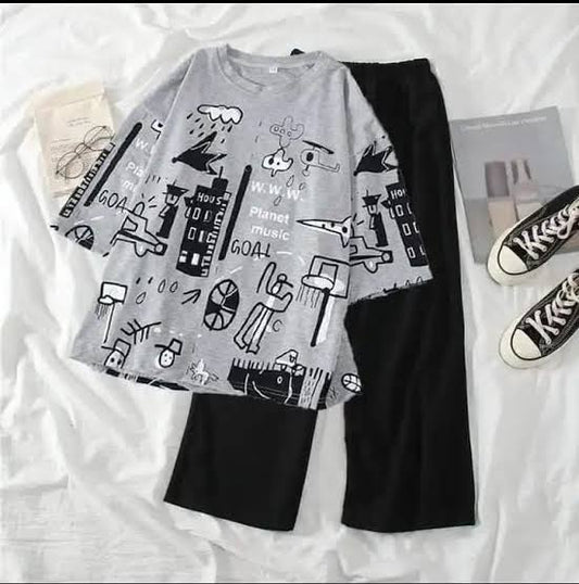 Urban Doodle Print Oversized 2-Piece Set | Streetwear Graphic Tee & Wide-Leg Trousers Co-ord