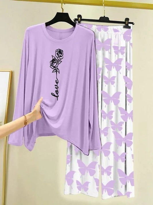5 Women’s Lavender Lilac Lounge Set – High-Stretch Wide Leg Pajamas & Graphic Relaxed Top