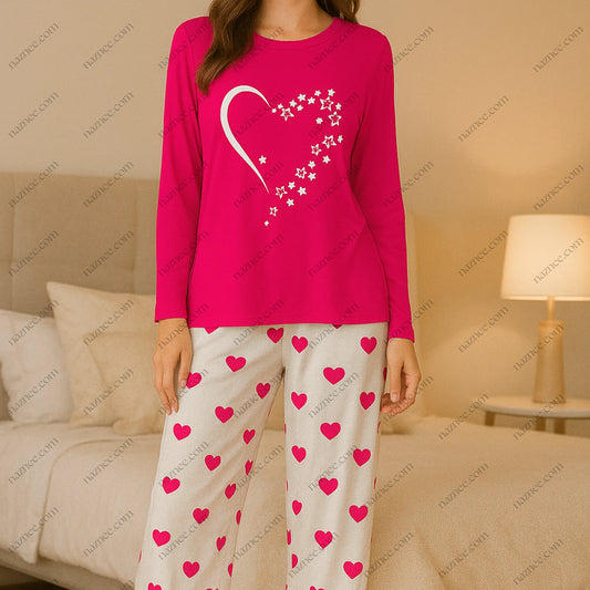 Heart Print Night Suit - Comfortable T-Shirt & Pajama Set