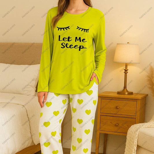 "Let Me Sleep" Graphic Pajama Set - Long Sleeve Top & Heart Pants