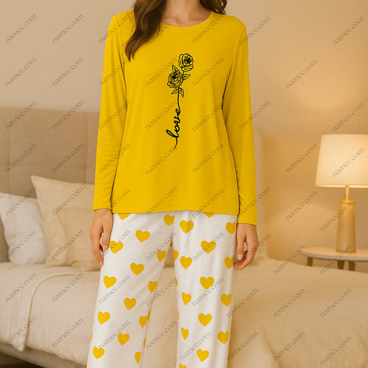 Love Rose Print Night Suit - Comfy T-Shirt & Heart Pajama Set