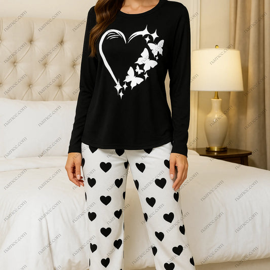 Whimsical Heart & Butterfly Pajama Set - Long Sleeve Loungewear