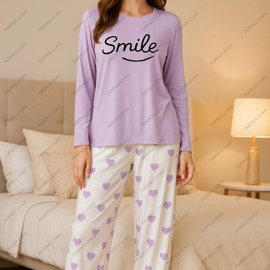 Lilac Smile Print Night Suit - Comfortable T-Shirt & Heart Pajama Set