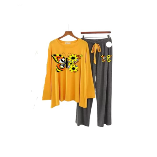 Sunny Butterfly & Sunflower Graphic Loungewear Set - Two-Piece Comfort