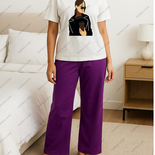 Women's Graphic Print T-Shirt & Purple Wide-Leg Pajama Set