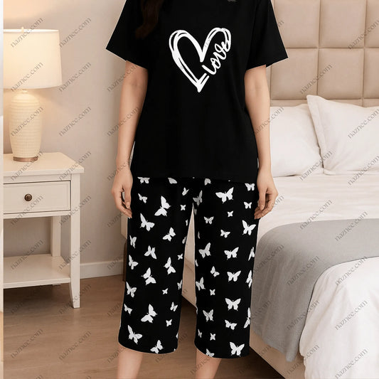 "Love" Heart Graphic Tee & Butterfly Capri Pajama Set