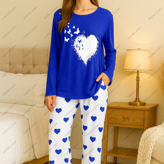 Butterfly Heart Print Pajama Set - Long Sleeve Loungewear