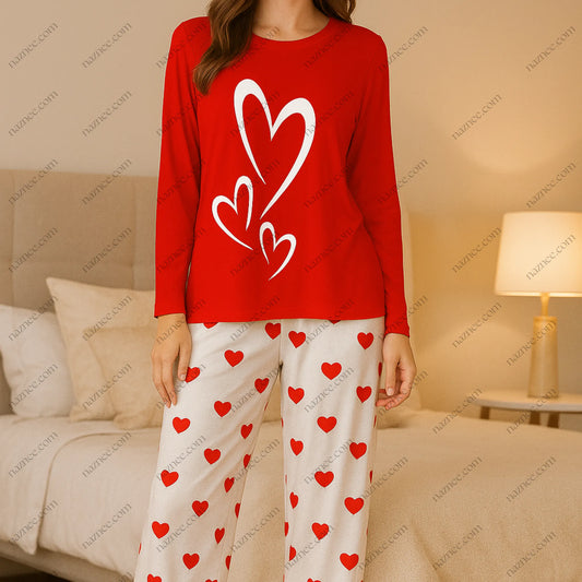 Cozy Heart Print Pajama Set - Long Sleeve Top & Pants