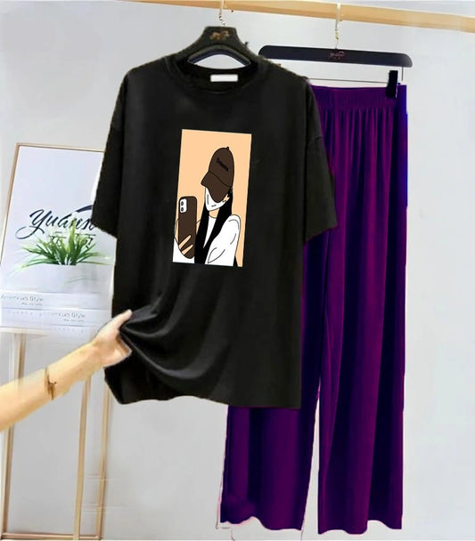 Selfie Graphic Tee & Wide-Leg Lounge Pajama Set