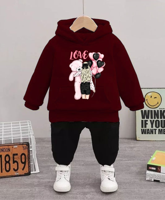 'Love' Teddy Bear & Girl Graphic Hoodie Set