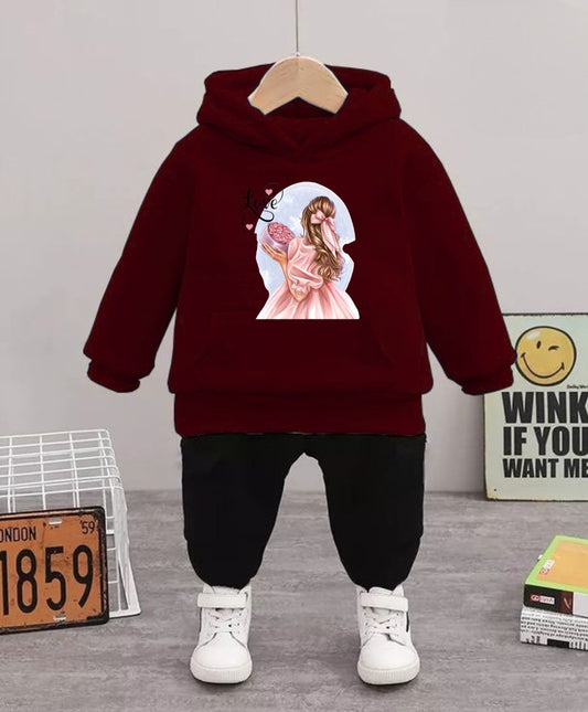 'Love' Girl Graphic Winter Hoodie & Black Trousers Set