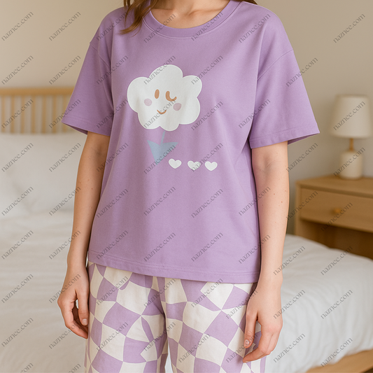 Cute Graphic Geometric Checkered Capri Pajama Set