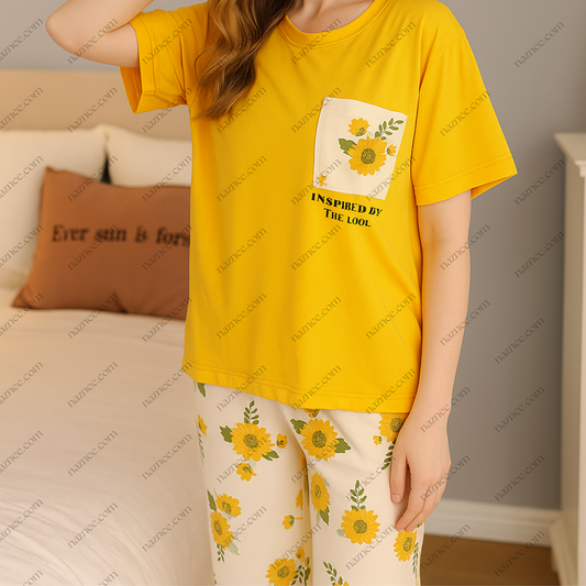 Sunflower Print Pocket T-Shirt & Floral Pajama Set