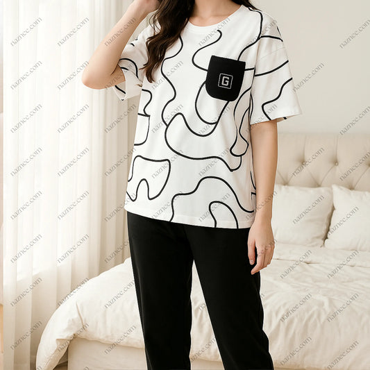 Women's Nightwear Set – Black & White Printed T-Shirt and Pajama