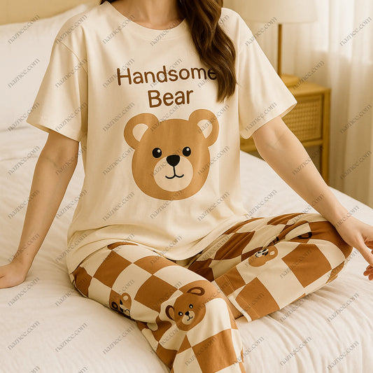 Cute Bear Graphic Pajama Set - Short Sleeve Top & Checkered Pants