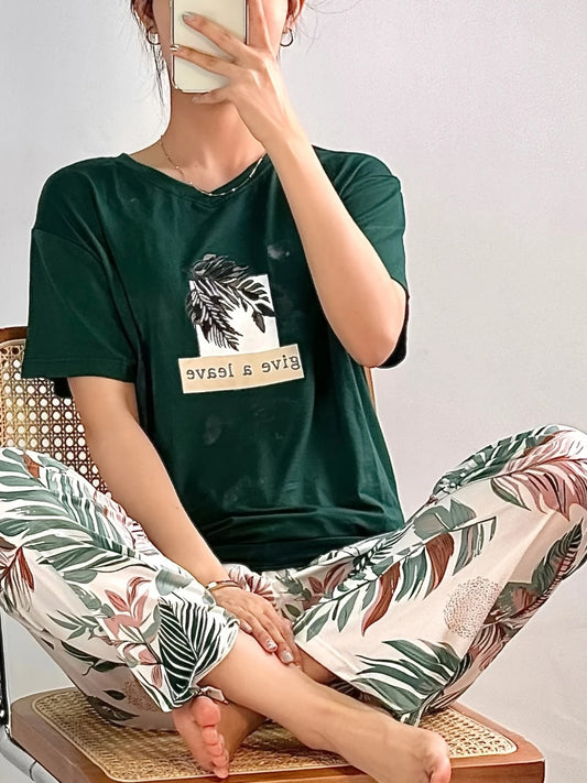 Emerald Green V-Neck Tee & Tropical Leaf Print Pajama Set