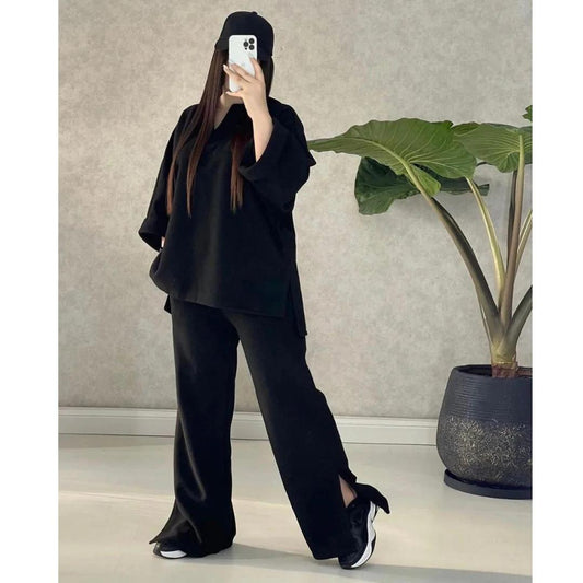 Luxurious Chunky Knit Two-Piece Set - Oversized Sweater & Slit Hem Pants