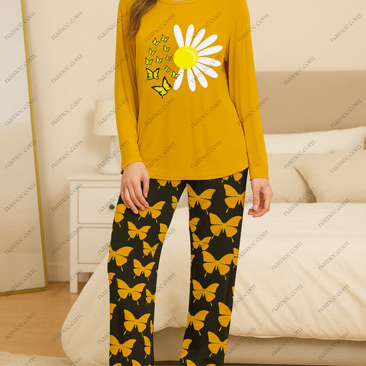 Daisy Floral & Butterfly Print Pajama Set