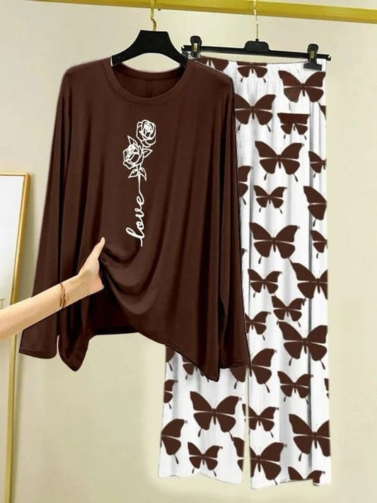 8 Women’s Midnight Black 2-Piece Lounge Set – Relaxed Fit Wide-Leg Pants & Graphic Crew Neck Top