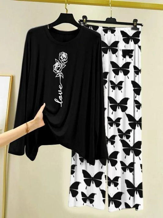 9 Women’s Minimalist White 2-Piece Lounge Set – Wide Leg Pajama Pants & Soft Graphic V-Neck Top